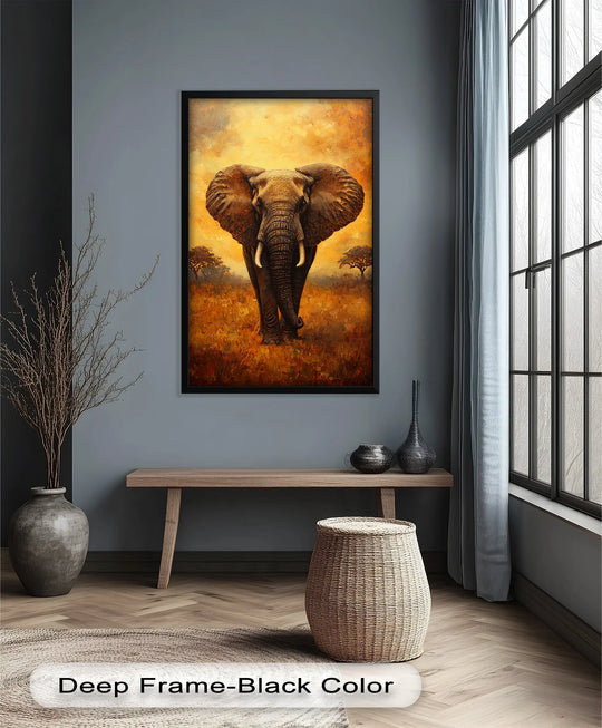 Highlighting the layering effect, this majestic elephant oil painting utilizes a sunset backdrop in a modern oil painting art style to create depth and visual interest.