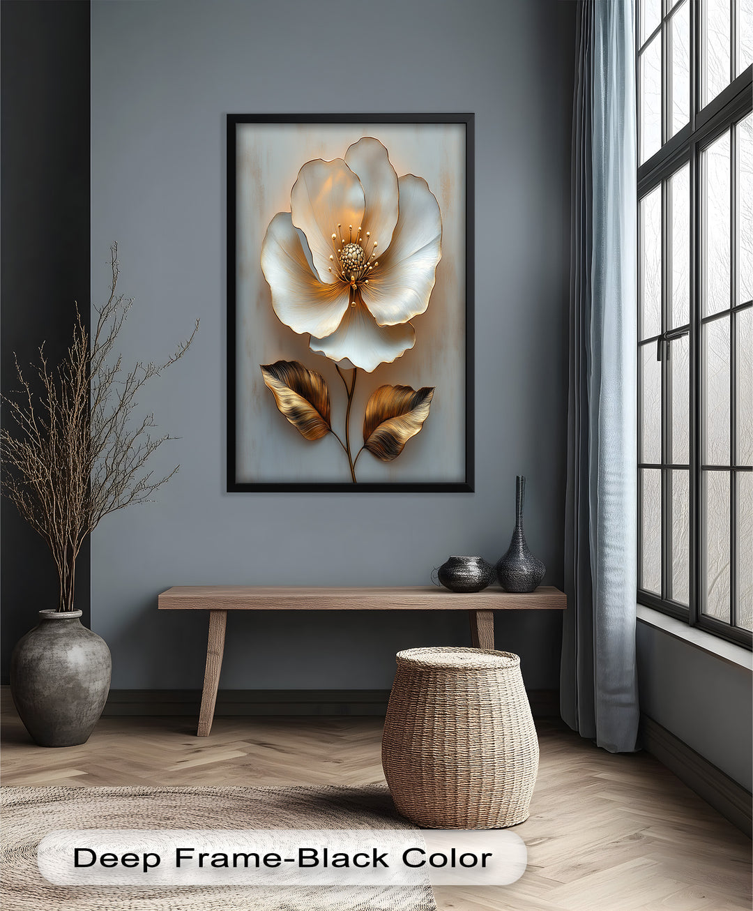Golden Glow Bloom – White and Gold Flower Oil Painting