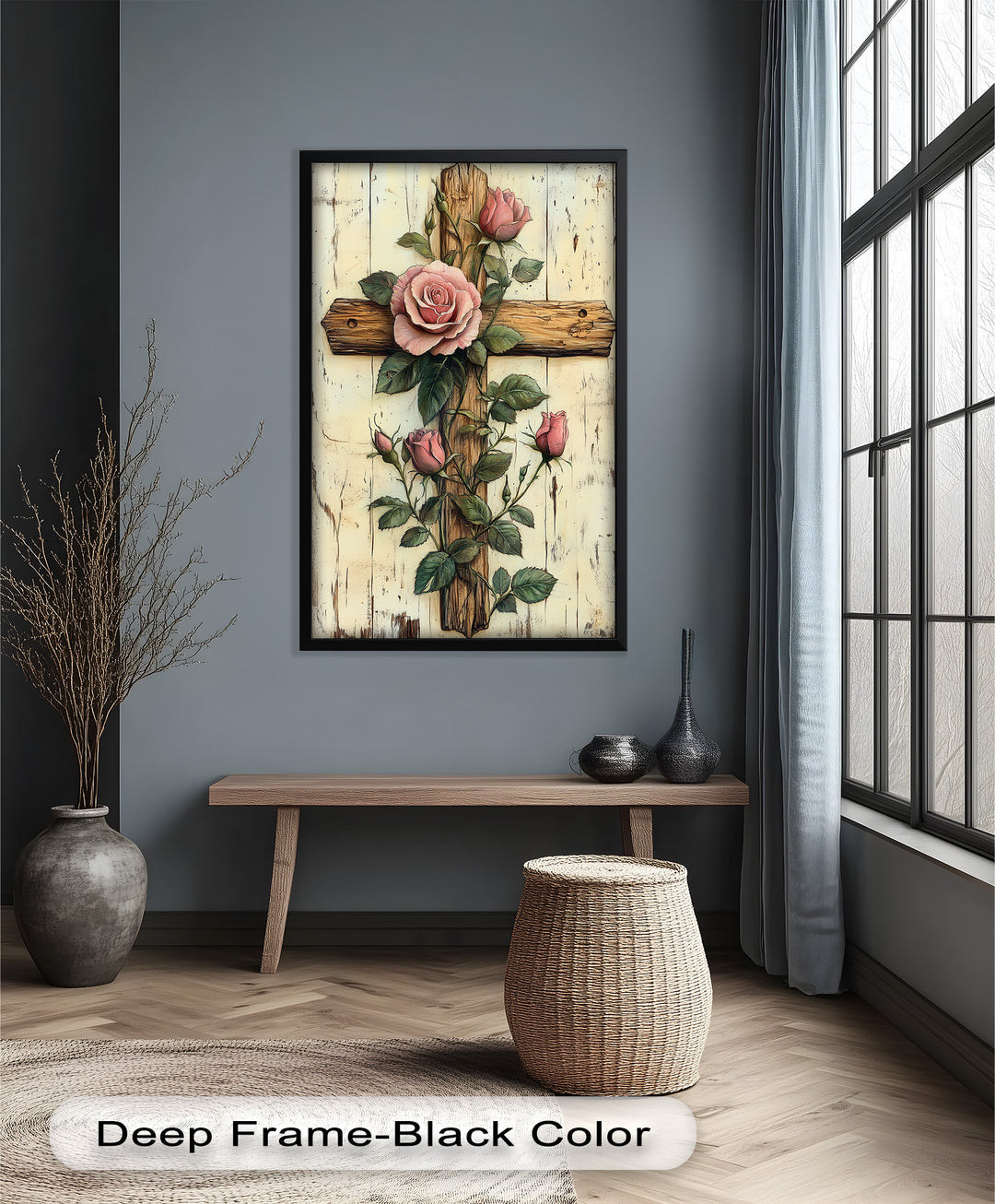 Rosen der Gnade – Religiöses Ölgemälde mit Kreuz und Blume