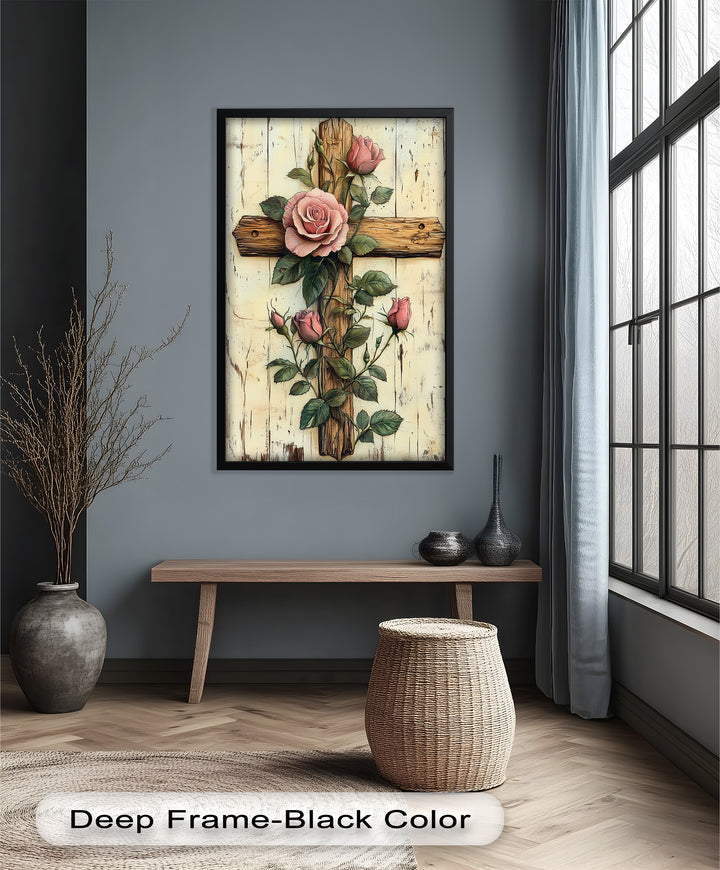 Rosen der Gnade – Religiöses Ölgemälde mit Kreuz und Blume