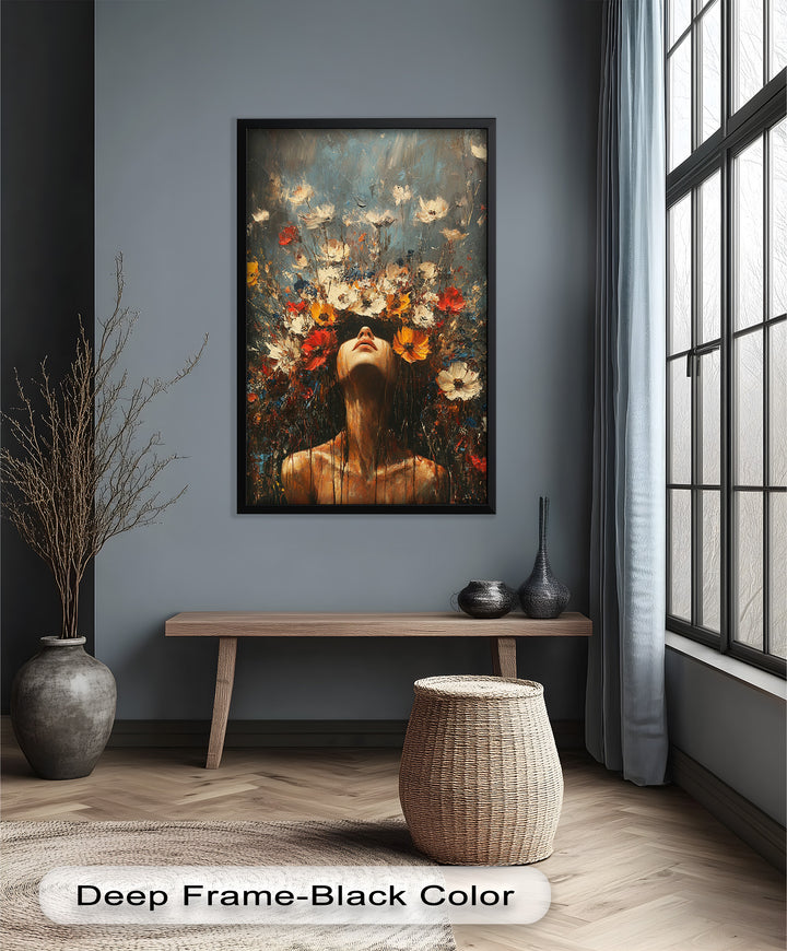 Floral Rebirth – Woman with Blossoming Crown Abstract Oil Painting