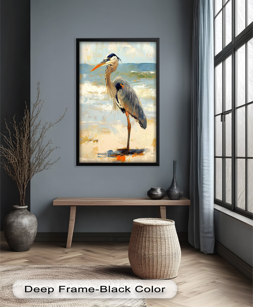 Elegant Heron Standing on Shoreline – Framed Oil Painting