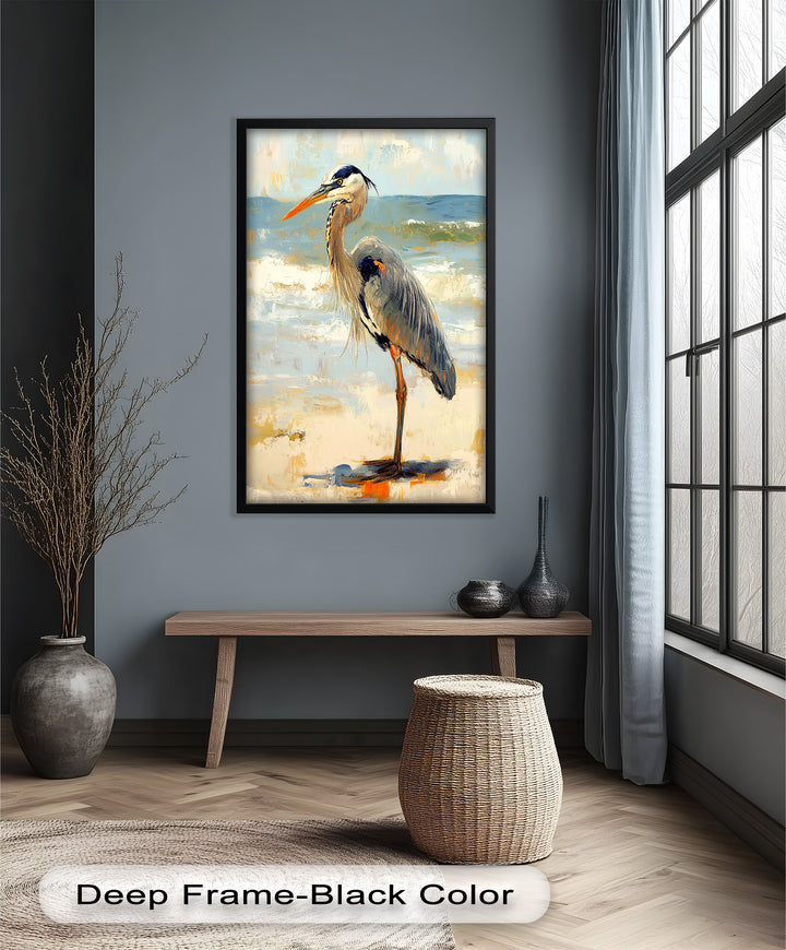 Elegant Heron Standing on Shoreline – Framed Oil Painting