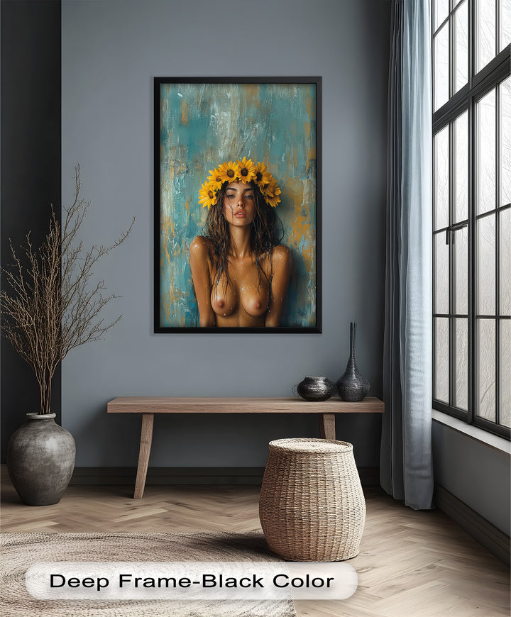 Sun-Kissed Solstice – Woman with Sunflower Crown Abstract Oil Painting