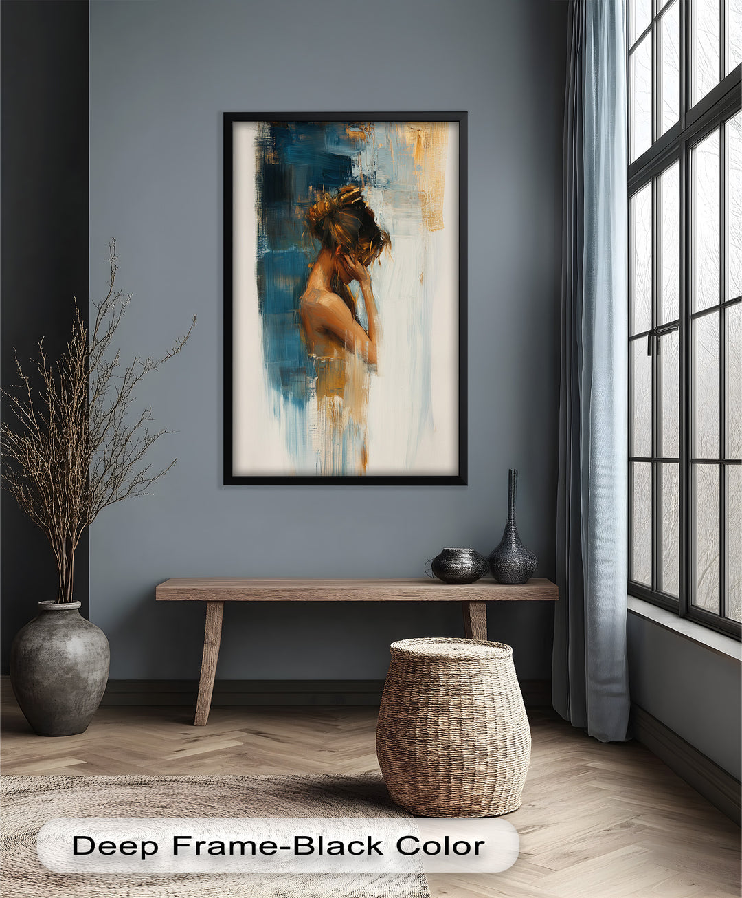 Veil of Thought – Introspective Woman in Blue and Gold Abstract Oil Painting