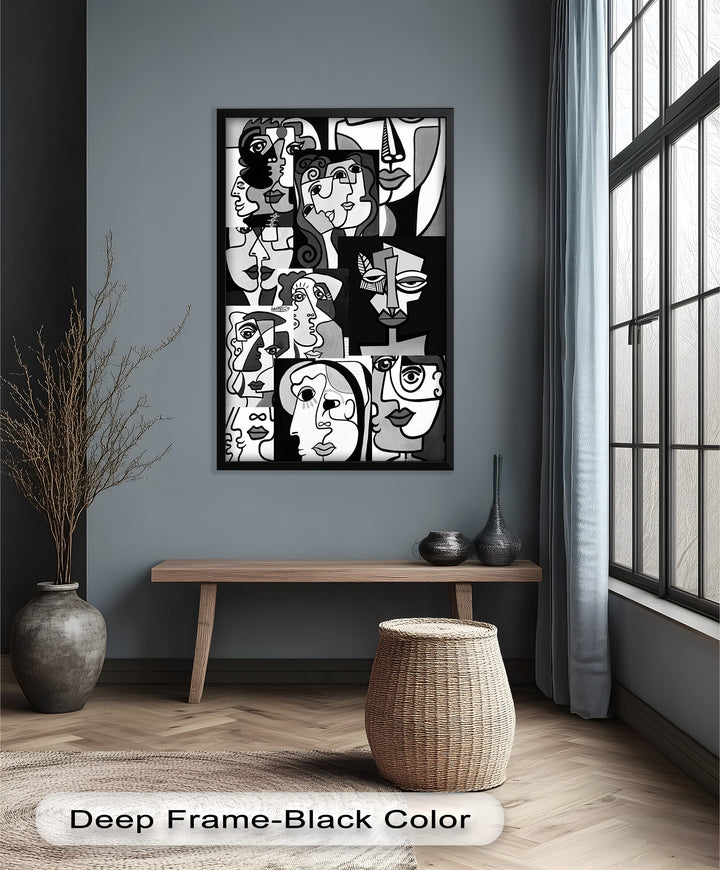 Monochrome Muse – Picasso-inspiriertes Ölgemälde mit kubistischen Gesichtern