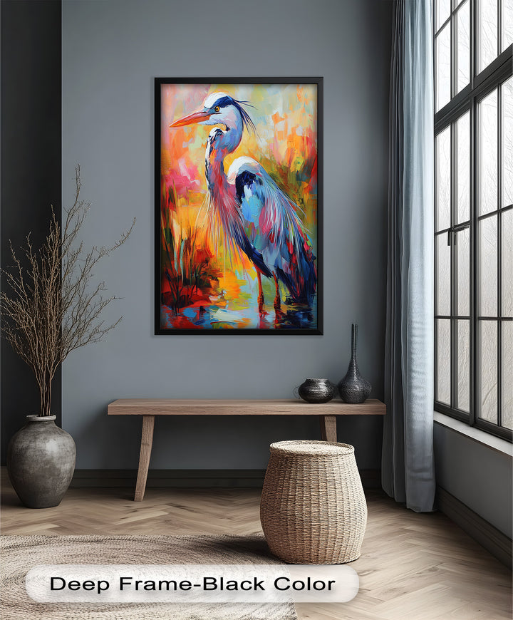 Colored Heron in Abstract Color Splash – Animal Oil Painting