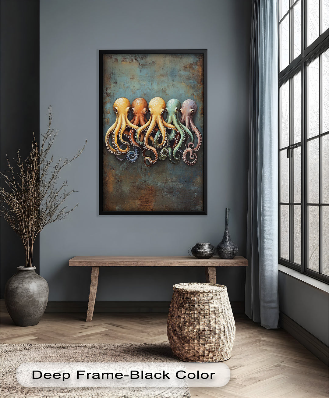Whimsical Row of Octopuses – Colorful Sea Life Animal Oil Painting