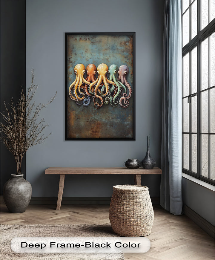 Whimsical Row of Octopuses – Colorful Sea Life Animal Oil Painting