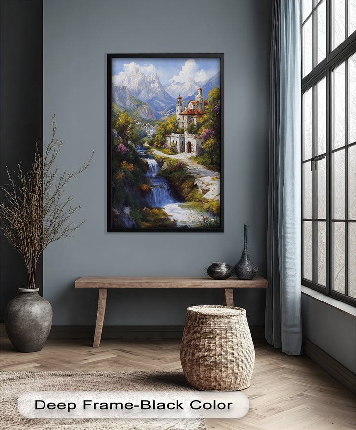 Mountain Abbey by the Falls – Serene Renaissance Oil Painting