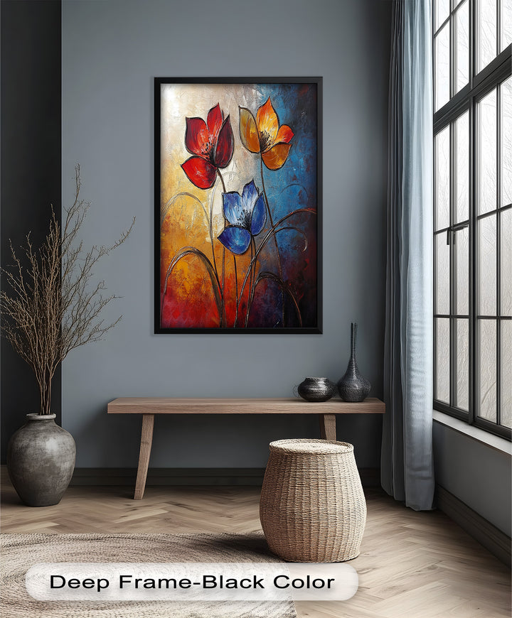 Eternal Bloom – Red, Yellow, and Blue Floral Oil Painting