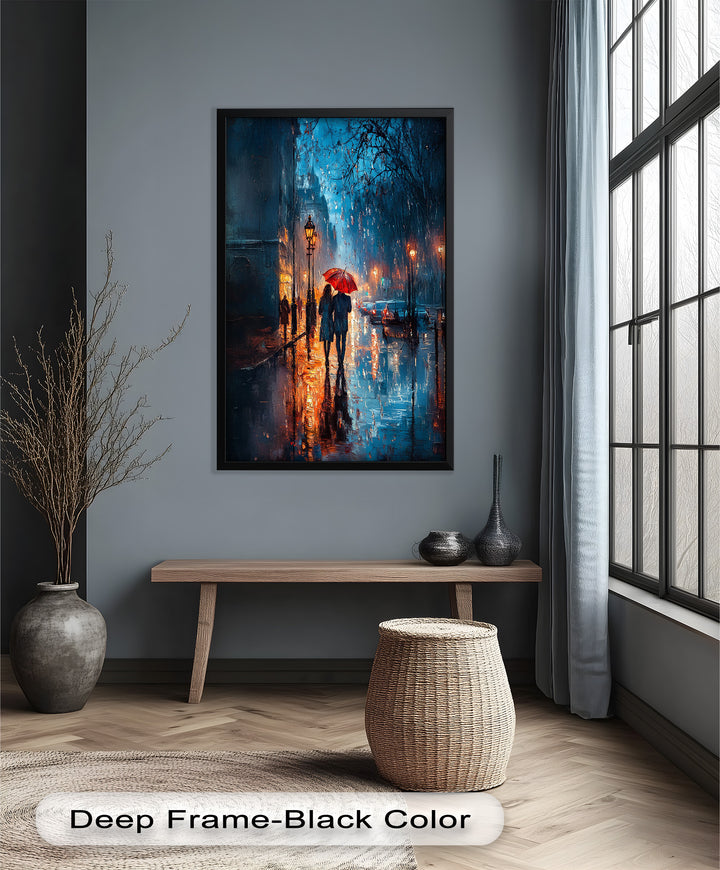 Lovers in the Rain – Romantic Night Street Oil Painting