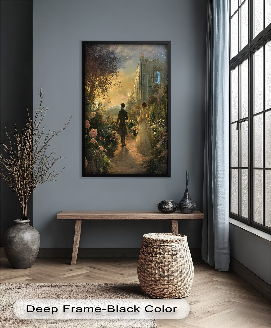 Victorian Lovers at Twilight – Romantic Garden Walk Oil Painting