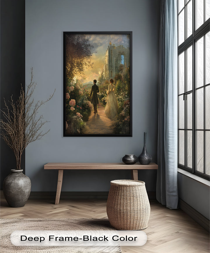 Victorian Lovers at Twilight – Romantic Garden Walk Oil Painting