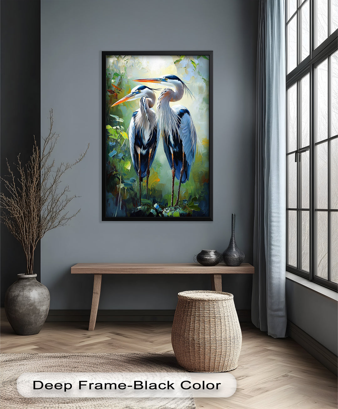Pair of Herons in Forest Light – Animal Oil Painting