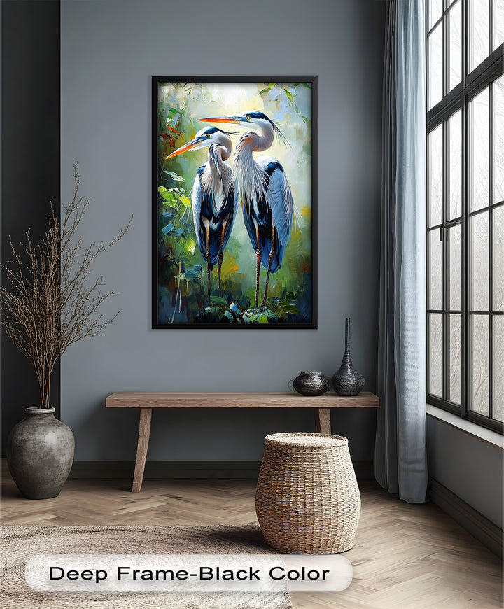 Pair of Herons in Forest Light – Animal Oil Painting