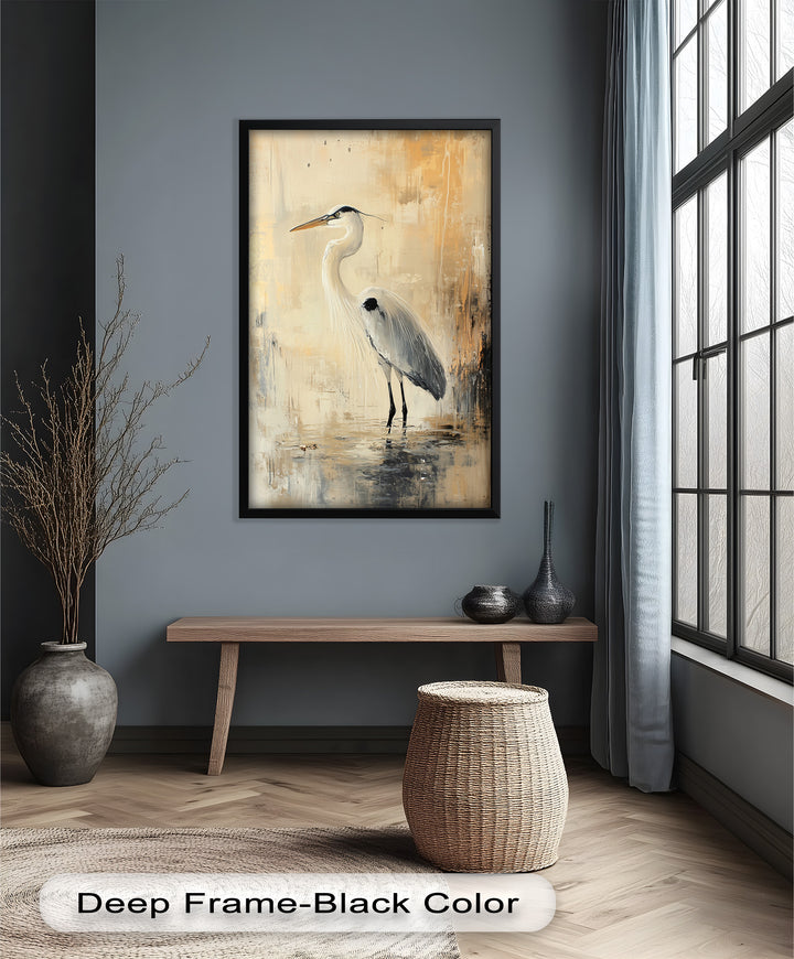 Golden Stillness – Heron in Reflective Water Oil Painting