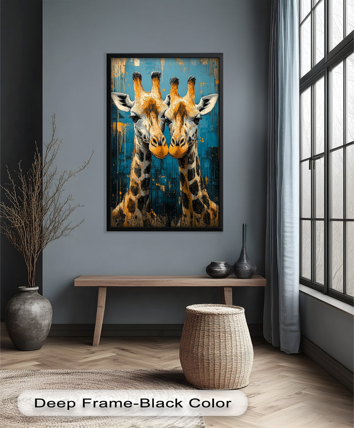 Zwei Giraffen in blauer abstrakter Harmonie - Tierölgemälde