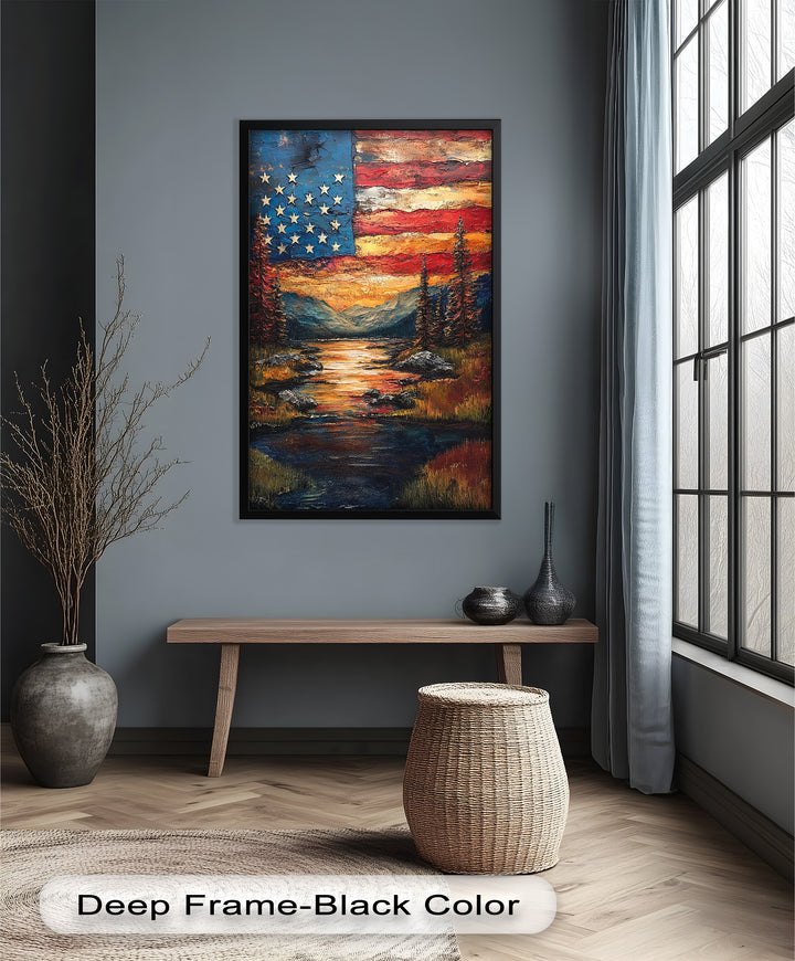 Amerikanische Flagge Sonnenuntergang Landschaft - Patriotisches Ölgemälde