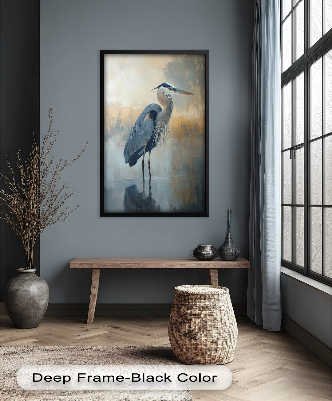 Heron in Misty Marshland - Framed Oil Painting