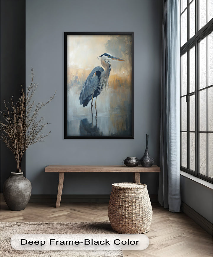 Heron in Misty Marshland - Framed Oil Painting