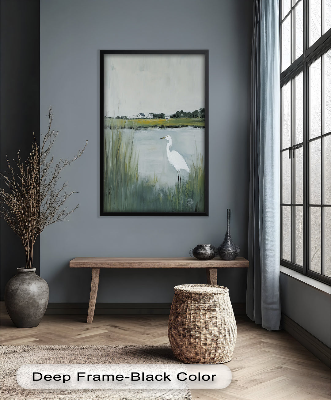 Egret by the Marsh – Minimalist Landscape Oil Painting