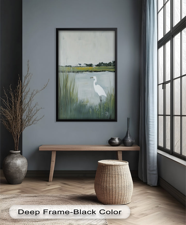 Egret by the Marsh – Minimalist Landscape Oil Painting