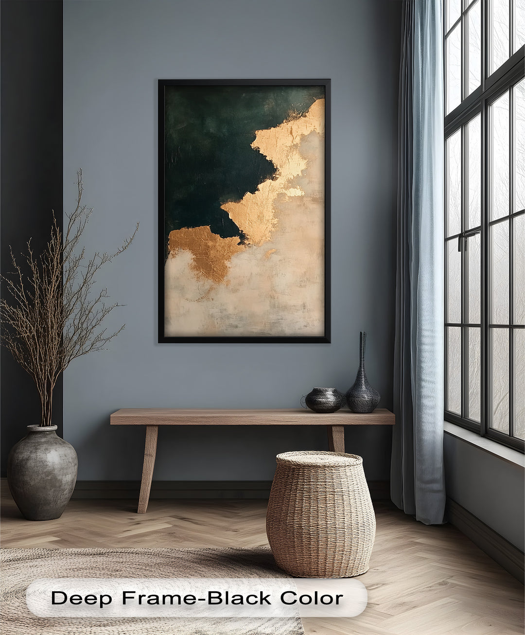 Golden Drift – Minimalistisches abstraktes Ölgemälde in Gold und Dunkelgrün