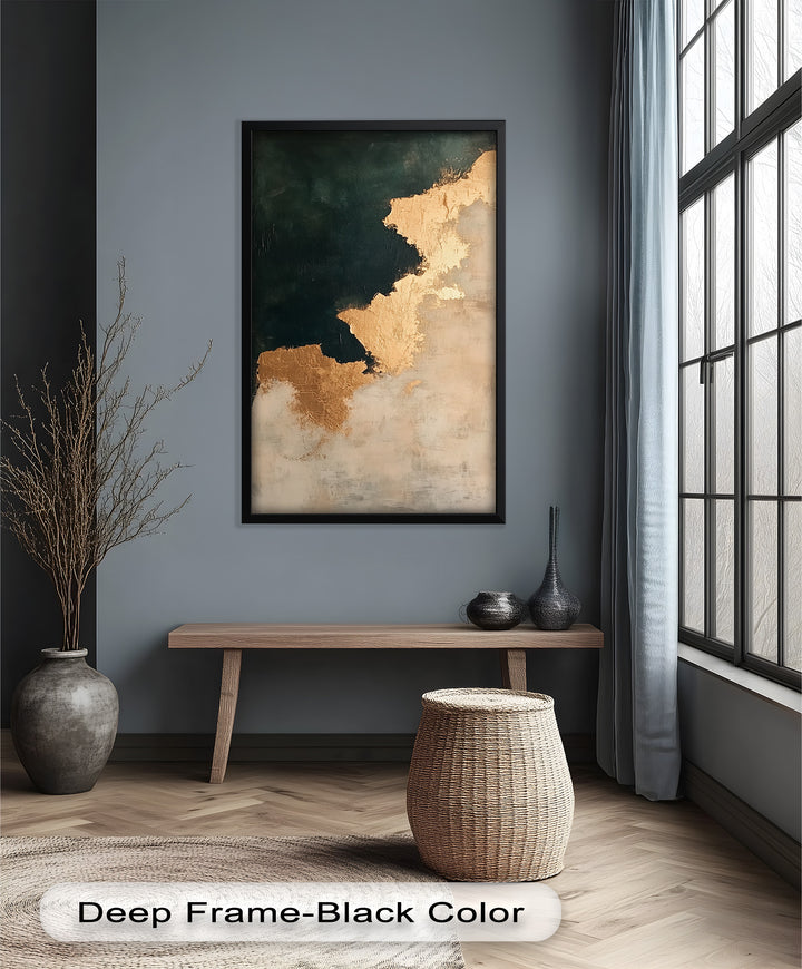 Golden Drift – Minimalistisches abstraktes Ölgemälde in Gold und Dunkelgrün