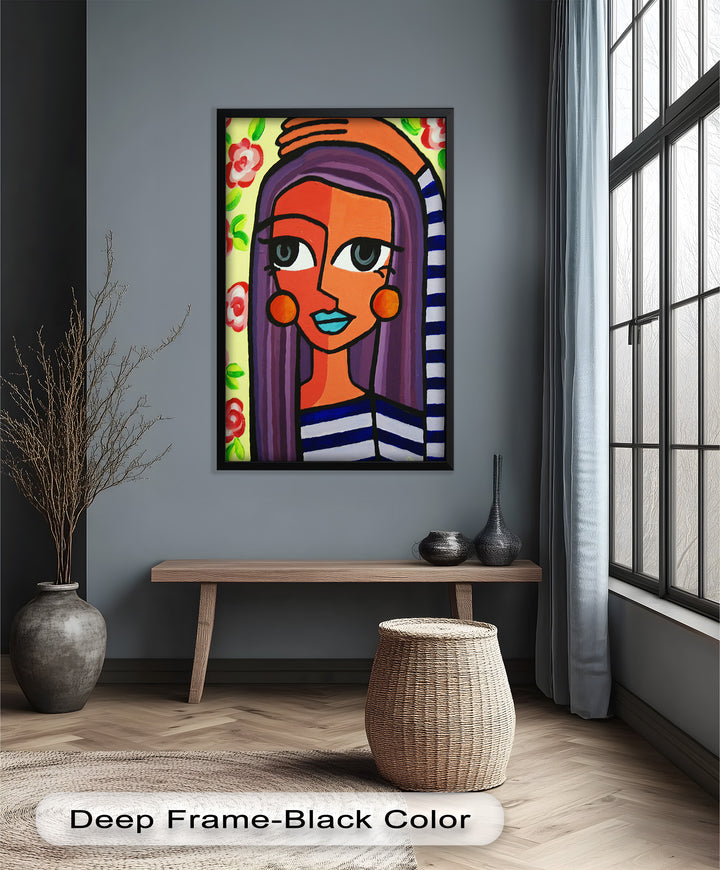 Striped Radiance – Playful Woman with Purple Hair Picasso Oil Painting