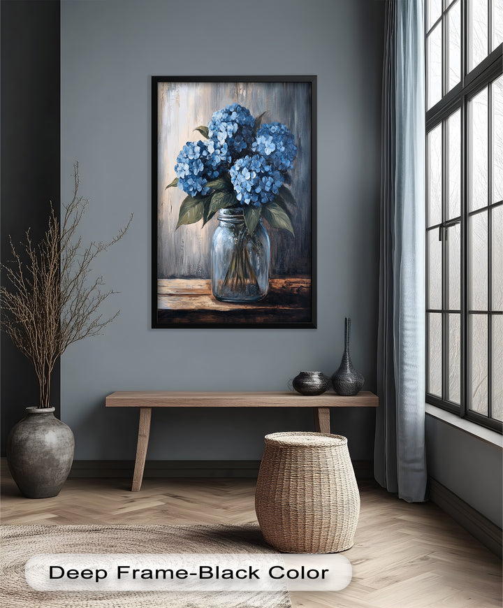 Blaue Gelassenheit – Hortensienblüten im Einmachglas, Blumenölgemälde