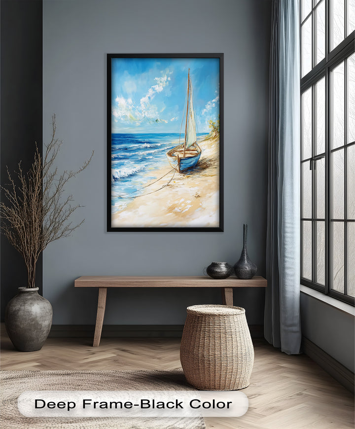 Tide's Rest – Ruhige Küste mit Segelboot-Ölgemälde
