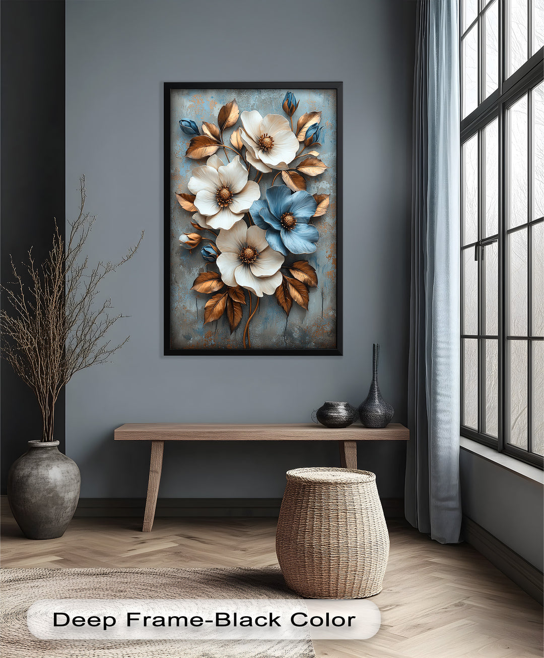 Gilded Petals – Luxuriöses Ölgemälde mit weißen und blauen Blumen