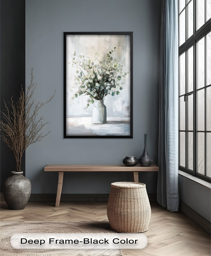 Eucalyptus Essence – Minimalist Greenery in Ceramic Vase Oil Painting