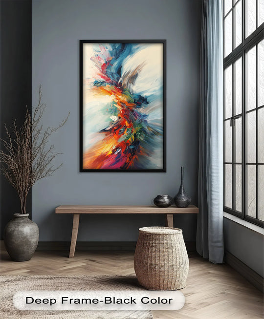 A sleek, deep black frame borders this vibrant abstract oil painting wall art, enhancing its vivid cosmic bloom with a modern edge.