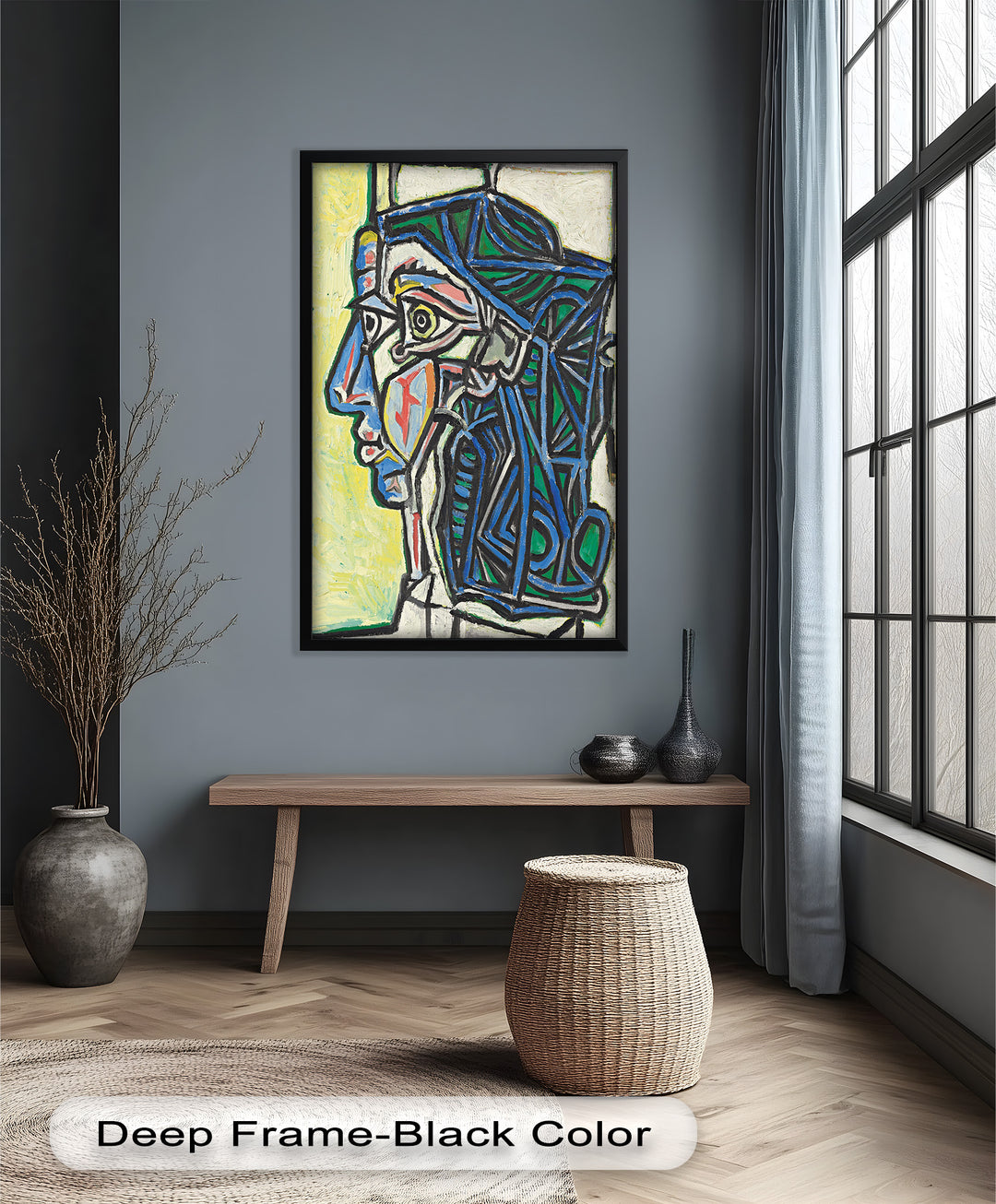 Angular Gaze – Geometric Portrait with Blue and Green Lines Picasso Oil Painting