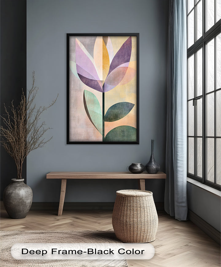 Purple Bloom – Minimalistisches geometrisches Blumenölgemälde