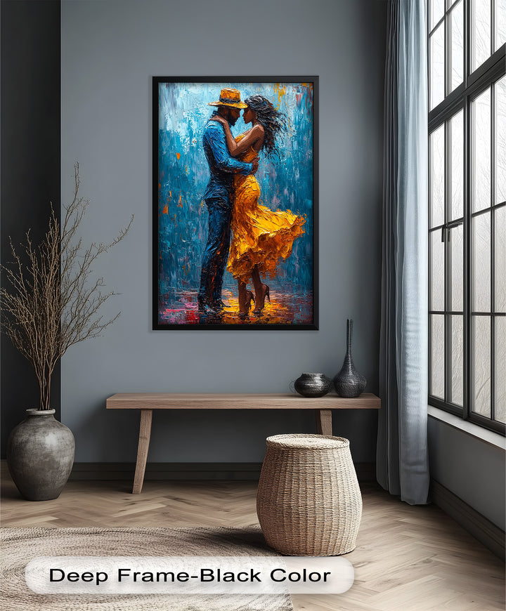 Midnight Embrace – Vibrant Couple in Yellow Dress Oil Painting