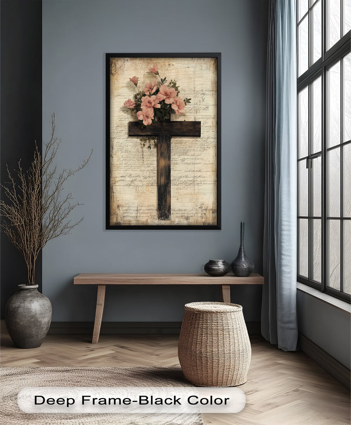 Holzkreuz mit rosa Blüten - Christliches Ölgemälde