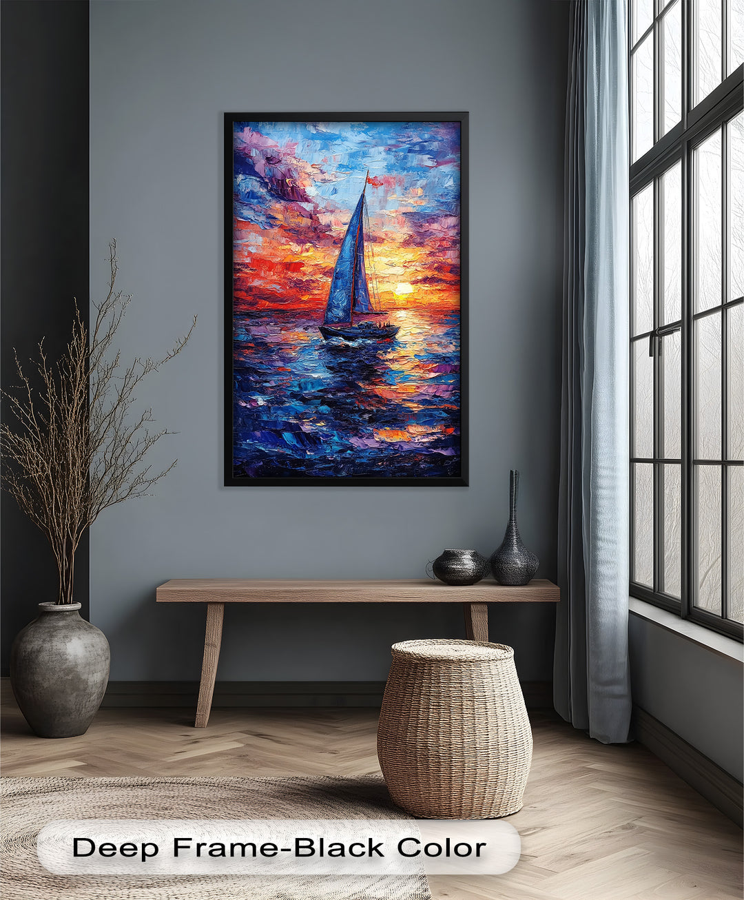 Crimson Horizon – Sunset Voyage Boat Oil Painting