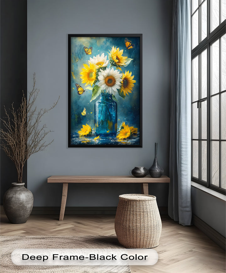 Sun-Kissed Radiance – Sunflowers in Blue Jar Flower Oil Painting