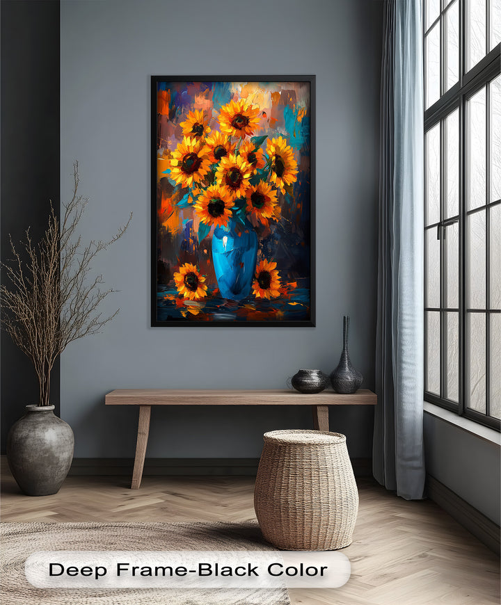 Sunlit Joy – Bold Sunflowers in Blue Vase Oil Painting