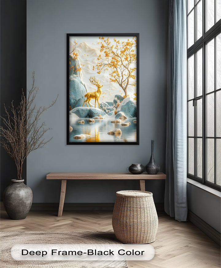 Golden Deer in Snowy Mountain - Animal Oil Painting