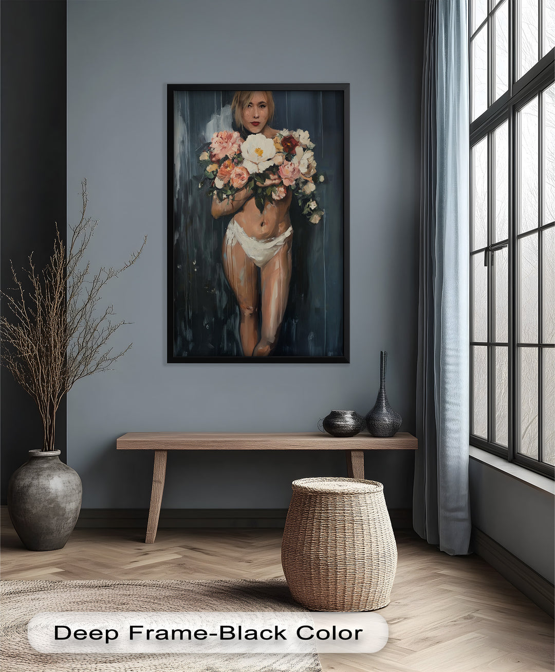 Floral Embrace – Abstract Nude with Blooming Bouquet Oil Painting