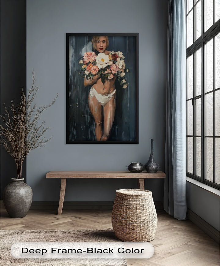 Floral Embrace – Abstract Nude with Blooming Bouquet Oil Painting