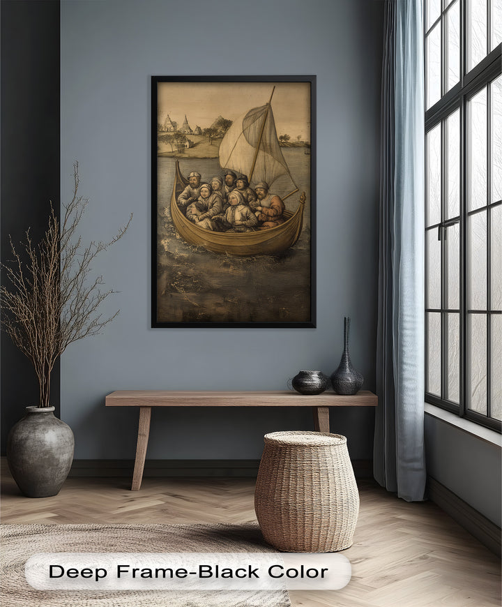 Medieval Sailors in Wooden Vessel - Historic Oil Painting