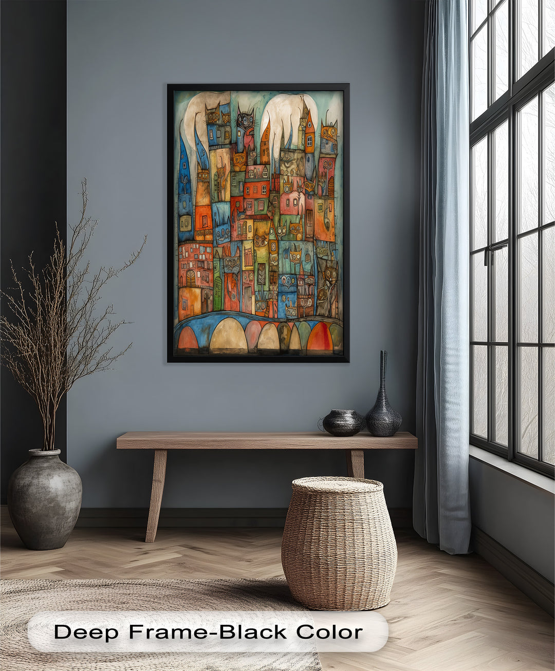Whimsical Cat Cityscape – Surreal Architecture and Feline Picasso Oil Painting