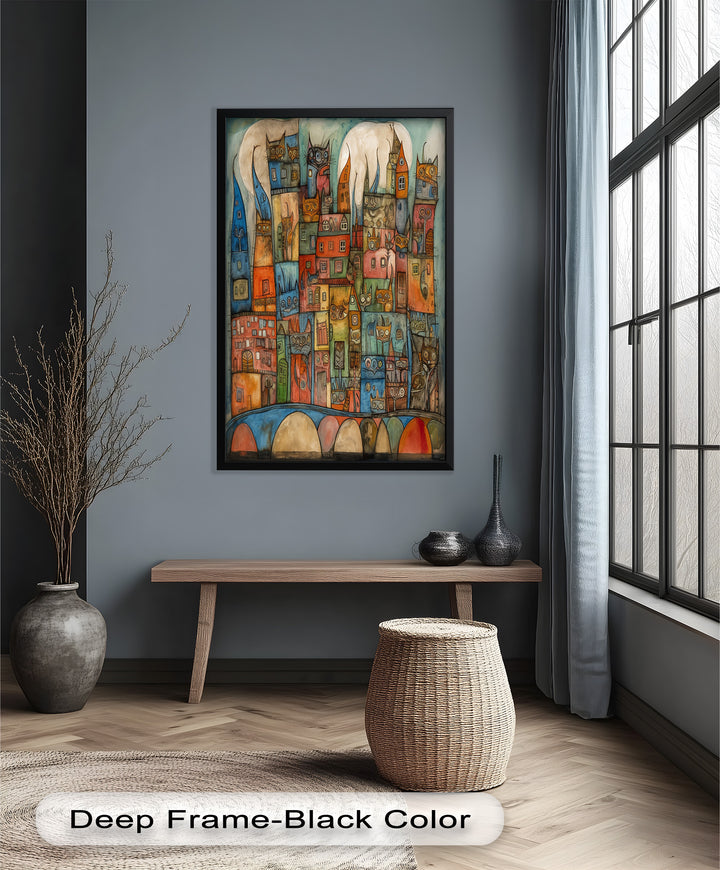 Whimsical Cat Cityscape – Surreal Architecture and Feline Picasso Oil Painting