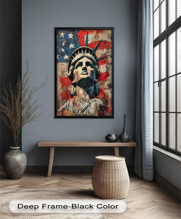 Freiheitsstatue mit amerikanischer Flagge - Patriotisches Ölgemälde