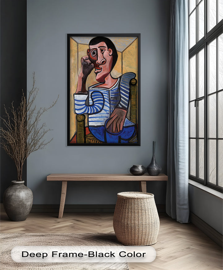 Melancholy in Stripes – Seated Man with Blue Shirt Picasso Oil Painting